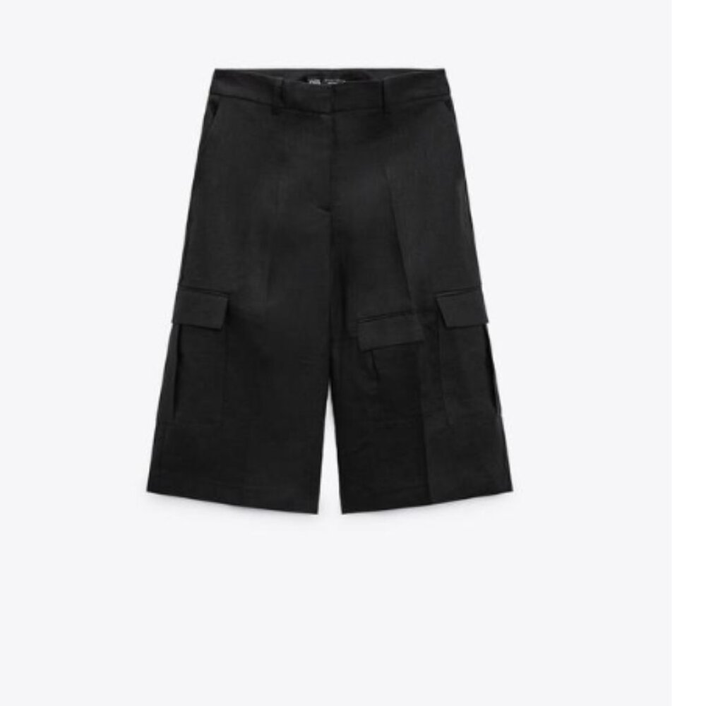 ZARA Black100% LINEN Cargo Shorts- L